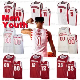 Custom Men Youth 2022 Ncaa Wisconsin Basketball Jersey Tyler Wahl Johnny Davis Brad Davison Steven Crowl Chucky Hepburn Lorne Bowman Ii