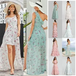 Sexy Floral Printed Maxi Dress Women ALine OneShoulder Ruffles Side Split New Fashion Beach Dress Ladies Casual Streetwear T200604