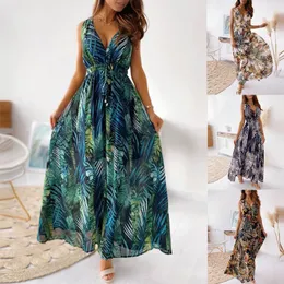 Casual Kleider Frauen Sexy Tiefem V-ausschnitt Druck Boho Ärmelloses Rückenfreies Kleid 2022 Sommer Strand Strap Sommerkleid Vintage Lange FemmeCasual