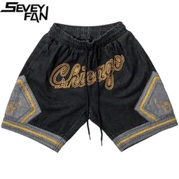 Seveyfan Chicago broderi denim shorts mäns hip hop dragstring lapptäcke basket sport shorts för manlig 220530