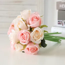 12 huvuden Artificial Rose Flower Bride Holding Bouquet Wedding Home Party Decoration Flores Artificiales Silk Rose Branch