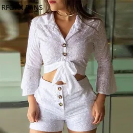 Mulheres Broderie Lace Button-down Blusa Shorts Define Conjuntos Femininos Casuais 220713