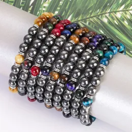 Multicolor Tiger Eye Stone Beads Bracelets Hematite Spacer Beads Men Women Elastic Rope Yoga Handmade Jewelry Friendship Gifts