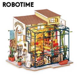 Robotime Rolife Diy Emily S Flower Shop Doll House With Furniture Children Adult Miniature Dollhouse Woods Toy DG145 220715