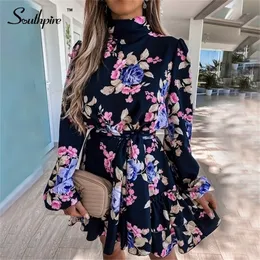 Southpire Navy Floral Print Loose Style Mini Dress Women Long Sleeve High Neck Party Dress Ladies Day Casual Clothes Spring 2022 220316