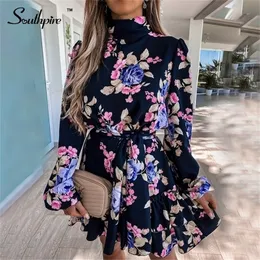 Southpire Navy Floral Print Loose Style Mini Sukienka Kobiety Z Długim Rękawem High Neck Party Dress Day Day Casual Clothing Spring 2022 220316