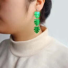 Dangle żyrandol zielony liść potwora długie kolczyki dla kobiet Wysokiej jakości lustro akrylowa modna biżuteria akcesoria