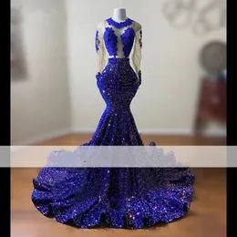 Royal Blue Seuqins Mermiad Prom Dresses 2022 illusion manica lunga Black Girls Backless Gala abito da sera Robe De Soiree