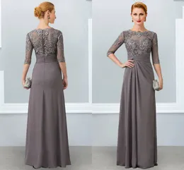 A-line Grey Mãe do vestido da noiva 2022 Elegante Jeia Jóia Dosco do pescoço Chiffon Half mangas apliques de renda de festas de casamento vestidos de festa