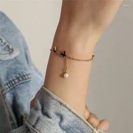 Link Chain Vintage Butterfly Pearl Bracelet For Women Antique Korean Fashion Bangle Baroque Jewelry Accessories Gifts Pulseras Mujer Fawn22