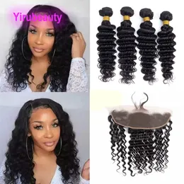 Peruvian Virgin Human Hair Deep Curly Four Bundles With 13X4 Lace Frontal Baby Hairs Pre Plucked 5 Pieces/lot Natural Color Free Part