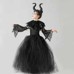 Girls Halloween Evil Witch Black Gown Tutu Dress with Feather Shawl Victorian Kids Dark Queen Villain Cosplay Fancy Costume 220817