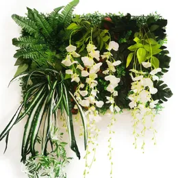 Dekorative Blumenkränze, weiße mehrfarbige künstliche Blumen, Glyzinien, Panel-Dekoration, Begrünung, Hintergrund, Geschäft, Einkaufszentrum, Büro, Schlafzimmer