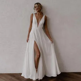 새로운 흰색 해변 웨딩 드레스 2022 새틴 라인 깊은 V 목 슬리빙 고위 분할 섹시 신부 가운 Boho 웨딩 드레스 여성