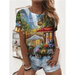 Damen Urlaub Blumen Thema Malerei Kurzarm T-Shirt Grafik Landschaft 3D gedruckt Rundhals Basic Shirt Weiß Blau Grün 220628