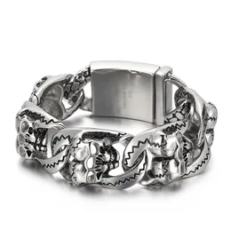 Biker 316L Rostfritt stål Gotiskt skelettarmband Dubbelskalle Länkkedja Bangle för mens 26mm 8.66 '' Tunga 154g vikt