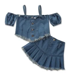 Mode Kindermädchen Kleidung Sets Sommer Denim Sling One-Shoulder Top   Faltenrock zweiteiliger Anzug Kinder Babykleidung