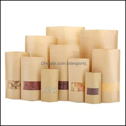 Bolsas de embalagem Escola Escola Negócios Industrial Kraft Paper Zipper bolsas de comida Stand Up Food com janela transparente reutilizável para café te