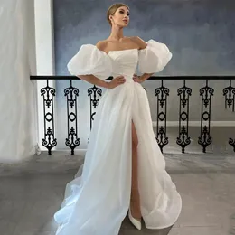 Sexy High Split Wedding Dress Lantern Sleeve Strapless Bobo Beach A-Line Bridal Wedding Gowns Sweep Train Bride Dresses 2022