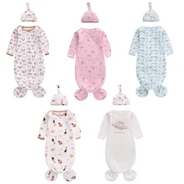 Nyfödd baby sovsäck med hatt 2 st Star Moon Unicorn Rainbow Butterfly Print Swaddle Wrap Knot Toddler Cartoon Sleep Sacks Fotografi Prop M4070