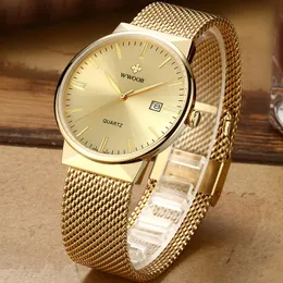 WWOOR Men Simple Slim Orologi Luxury Brand Gold Steel Mesh Orologio da polso con datario impermeabile ultra sottile Orologio dorato con confezione 220329