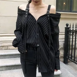 LANMREM New Fashion Personality Black Strap Vertical Stripe Off-shoulder Long Sleeve Shirt Female's Blouse Vestido YE22801 T200322