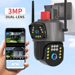 IP -камеры 3MP Dual Lens PTZ Наружная камера видео наблюдение Скорость Скорость безопасности Sire Wifi Siren Siren с цветным ночным видением 230206