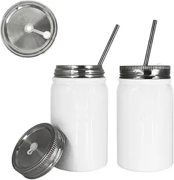 Sublimering Blank Mason Jar Tumbler 17 oz Rostfritt Stål Vit Vattenkål med halm och lock DIY Värmeöverföring Skriv ut Muggar FY5078