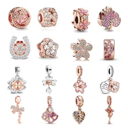 Novo pingente de moda de prata esterlina 925 para joias Pandora originais, ouro rosa requintado, pingente de trevo da sorte, contas de coleção de flores