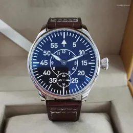 ロゴスタイルなし44mmマニュアルメカニカルメンズウォッチブラックダイヤルスーパーラミナスST3621ムーブメントコーヒーストラップ腕時計