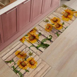 Carpets Sunflowers Rustic Wood Kitchen Mat Home Anti-slip Bathroom Rug Entrance Doormat Living Room Protective Floor MatCarpets