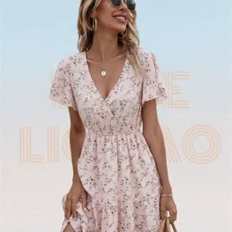 Allover Ditsy Floral Print Ruffle Hem A-Line Dress Summer Women Pink Sleave Elastic Waist V-NeckMidi Dress Robe Femme 220513