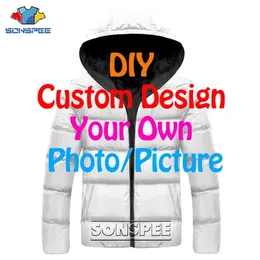Sonspee 3D Dropship de impressão Homens Mulheres DIY Design personalizado Imagem P O Men S Jaqueta S Men Plus Velvet Zipper Warm Down Coflled Casat 220704