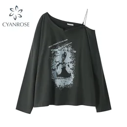 Женская осень с длинным рукавом футболка о-шеи граффити печатает американский стиль старинные моды случайные корейские пуловер Tee Top 220408