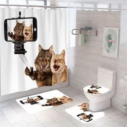 Funny Cat Farmhouse Shower Curtain Set With Rugs Wild Animals Fabric Liner Waterproof Polyester Carpet Toilet Rug 220429