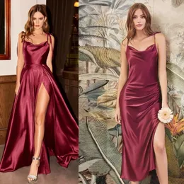 Elegant A-line Backless Burgundy Bridesmaid Dresses Satin Split Square Neck Long Spaghetti Strap Formal Wedding Prom Party Gowns