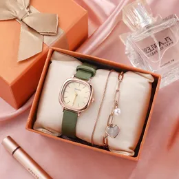 Korean version of small fresh 2 piece watch set titanium steel double heart bracelet PU leather quartz watch gift D