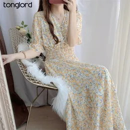 Casual Floral Printed Women Chiffon Dresses Summer Half Sleeve V-Neck Pleated Long Dresses Mujer Vestidos Size 5XL 220517