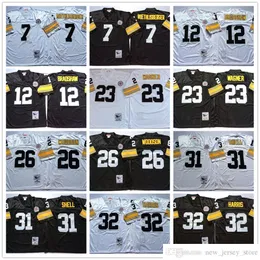 NCAA 후퇴 26로드 우드 슨 축구 유니폼 레트로 스티치 벤 roethlisberger 12 Terry Bradshaw 23 Mike Wagner 32 Franco Harris 31 Donnie Shell Jersey