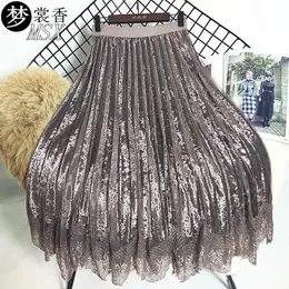 Skirts Autumn And Winter Lace Mesh Skirt Long Pleated High Waist Pleuche Woman Mujer Faldas Saias Mulher