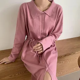 Casual Dresses Gkfnmt Frauen Solide Warme Schärpen Kleid Gestrickte Langarm Midi Button Herbst Streetwear Gürtel Rosa Schwarz 2022