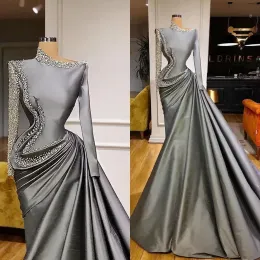 2023 Mermaid Gray Saudi Arabic Long Sleeves Evening Dresses Wear Major Beading Sequins Taffeta Prom Dress vestidos de fiesta BC14556