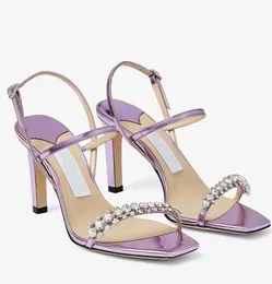 2022 Luxury Summer Meira Sandals Shoes For Women Crystal Strappy Lady Gladiator Sandalias Perfect High Heels Bridal Wedding Bridals