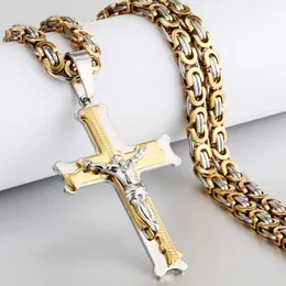 Pendant Necklaces Gold Color Fish Bone Pattern Cross Necklace Men Stainless Steel Crucifix Jesus Link Chain Catholic Jewelry Giftpendant