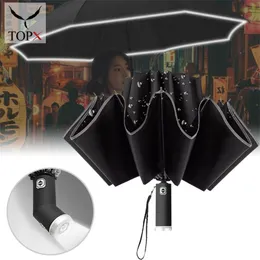 LED -ljus omvänd hela automatisk paraply vikning bärbar regntät vindtät breddad stark hållbar justerbar vinkelparasol 220426