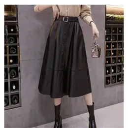 Neophil Women Pu Faux Leather Aline Midi Skirts Winter Preppy Style Button Sashes Khaki Ladies Flare Skater Skirt S9106 210311