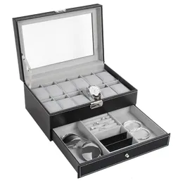 Titta på lådor Fall Titta på Box Mens 12 Slots Pu Leather Watch Case Organizer Smycken Display Lådan Glas TOP MED LOCK Black 230206