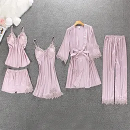 Kobiety Piżamy 5/4 Sztuk Satynowy Sleepwear Pijama Silk Wear Odzież Odzież Haft Sleep Lounge Piżama z klatkami piersiowymi 220329