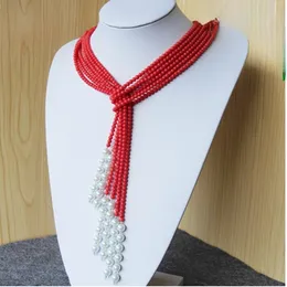 Hand knotted 5mm red coral 3rows beads shell pearl necklace 55inch fashion jewelry