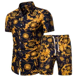 2020 Summer New Men's Clothing Short-sleeved Printed Shirts Shorts 2 Piece Fashion Male Casual Beach Wear Clothes Y220420